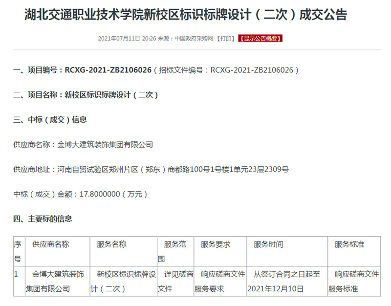 中标|贺金博大建筑装饰集团中标湖北交通职业技术学院新校区标识标牌设计项目(图1) 中标湖北交通职业技术学院